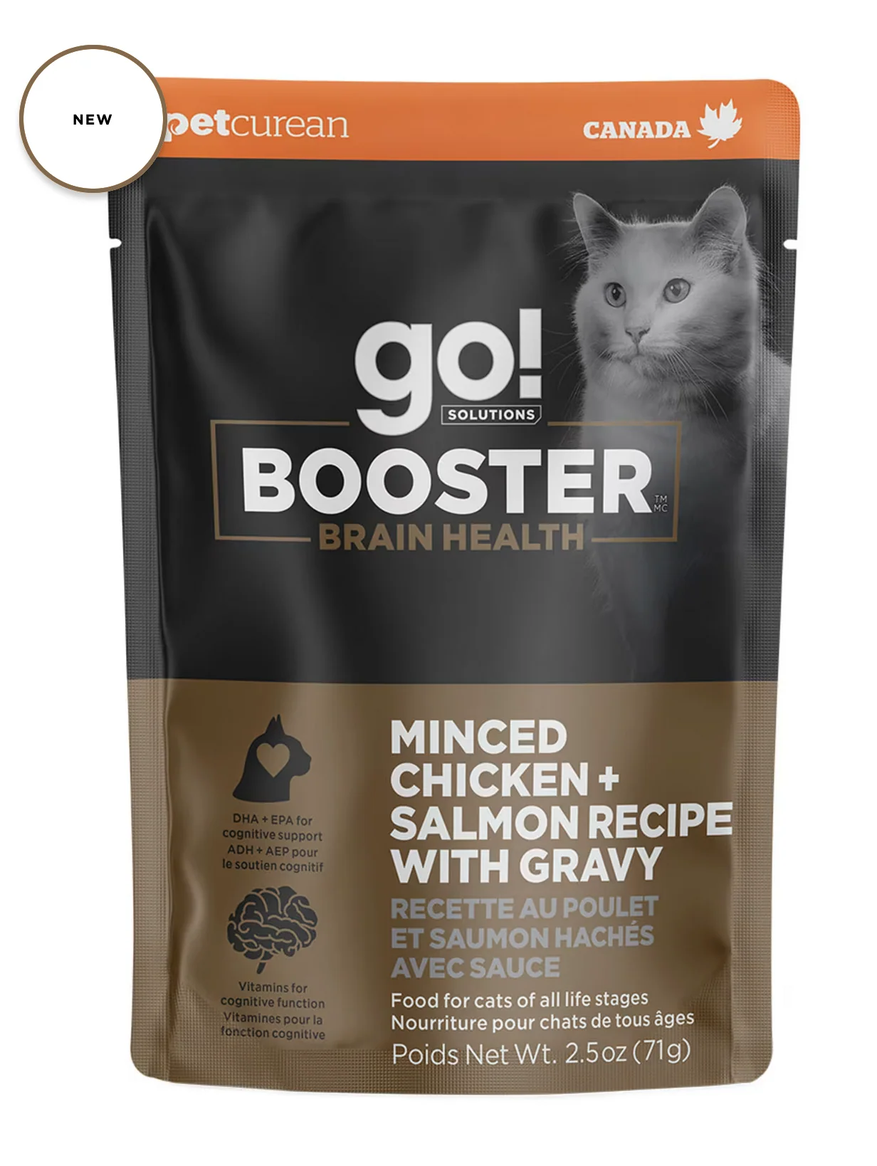 Help maintain your very-clever-cat's cognitive capabilities with a complete + balanced cat food topper designed to support your cat's healthy brain. GO! SOLUTIONS Minced Chicken + Salmon with Gravy for Brain Health combines DHA and EPA-rich salmon and... - Image 2