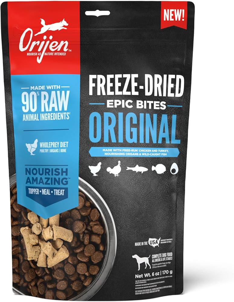 ORIJEN™ Freeze-Dried Epic Bites, Original recipe is nourishing freeze-dried dog food made with 90% raw animal ingredients* including free-run** chicken and turkey, organs, and wild-caught fish. ORIJEN Epic Bites dog food can be fed as a nourishing... - Image 2