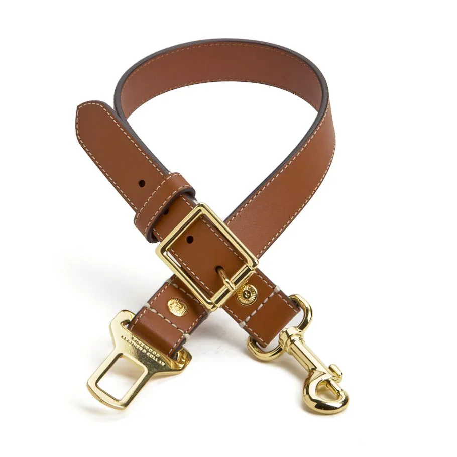 Pinewood Leather Tan Dog Seatbelt with Gold Hardware - Image 3